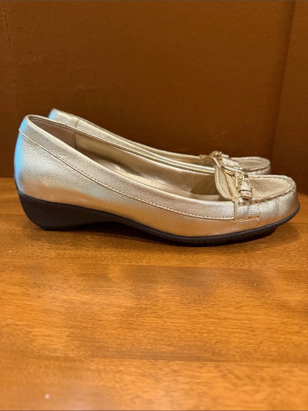 Lauren Ralph Lauren Metallic Gold Leather Loafers with Buckle